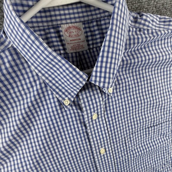 Brooks Brothers Non-Iron Cotton Check Button-Down 18.5 37 Madison Blue Shirt - Picture 8 of 13